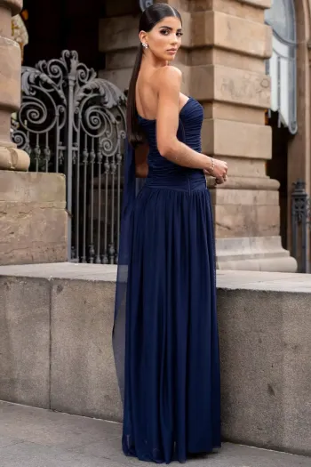 VESTIDO LONGO RUBI UM OMBRO CAPA DRAPEADO - AZUL MARINHO
