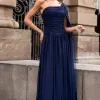 VESTIDO LONGO RUBI UM OMBRO CAPA DRAPEADO - AZUL MARINHO
