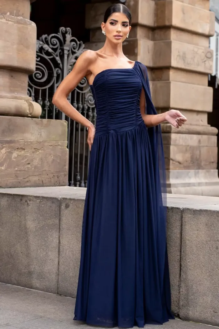 VESTIDO LONGO RUBI UM OMBRO CAPA DRAPEADO - AZUL MARINHO