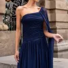 VESTIDO LONGO RUBI UM OMBRO CAPA DRAPEADO - AZUL MARINHO