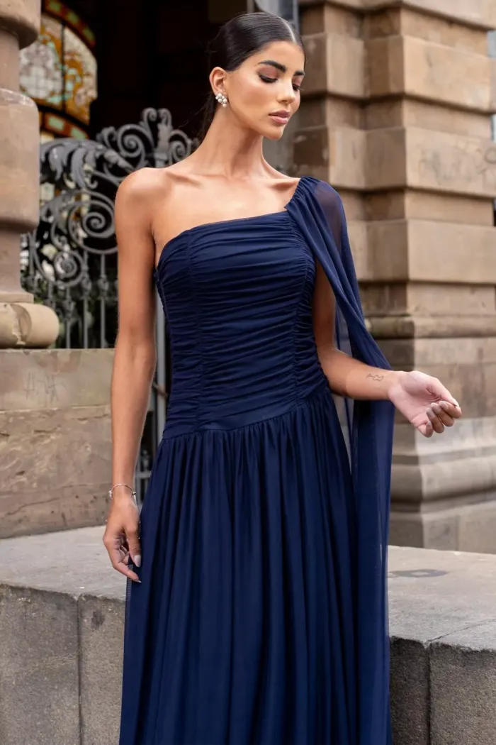 VESTIDO LONGO RUBI UM OMBRO CAPA DRAPEADO - AZUL MARINHO