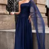 VESTIDO LONGO RUBI UM OMBRO CAPA DRAPEADO - AZUL MARINHO