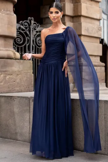 VESTIDO LONGO RUBI UM OMBRO CAPA DRAPEADO - AZUL MARINHO