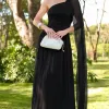 VESTIDO LONGO RUBI UM OMBRO CAPA DRAPEADO - PRETO
