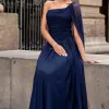 VESTIDO LONGO RUBI UM OMBRO CAPA DRAPEADO - AZUL MARINHO