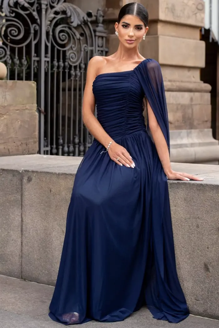 VESTIDO LONGO RUBI UM OMBRO CAPA DRAPEADO - AZUL MARINHO