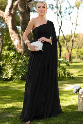 VESTIDO LONGO RUBI UM OMBRO CAPA DRAPEADO - PRETO
