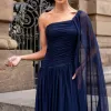 VESTIDO LONGO RUBI UM OMBRO CAPA DRAPEADO - AZUL MARINHO
