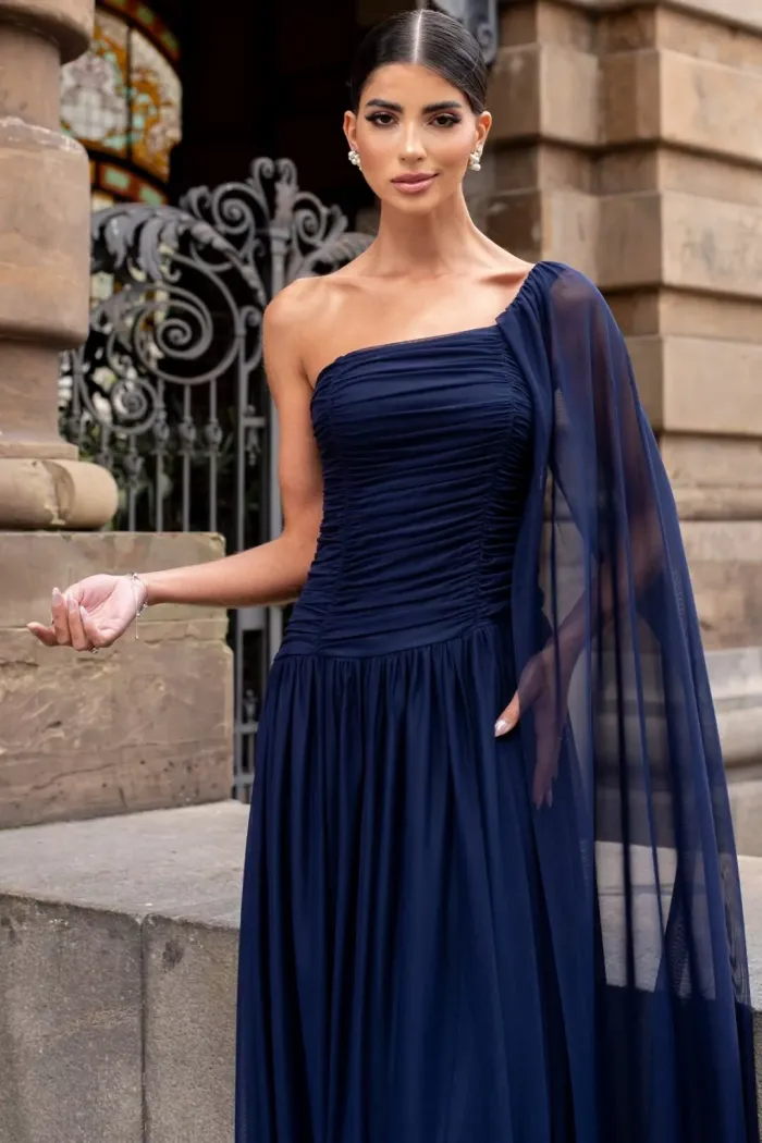VESTIDO LONGO RUBI UM OMBRO CAPA DRAPEADO - AZUL MARINHO