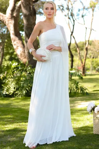 VESTIDO LONGO RUBI UM OMBRO CAPA DRAPEADO - OFF WHITE