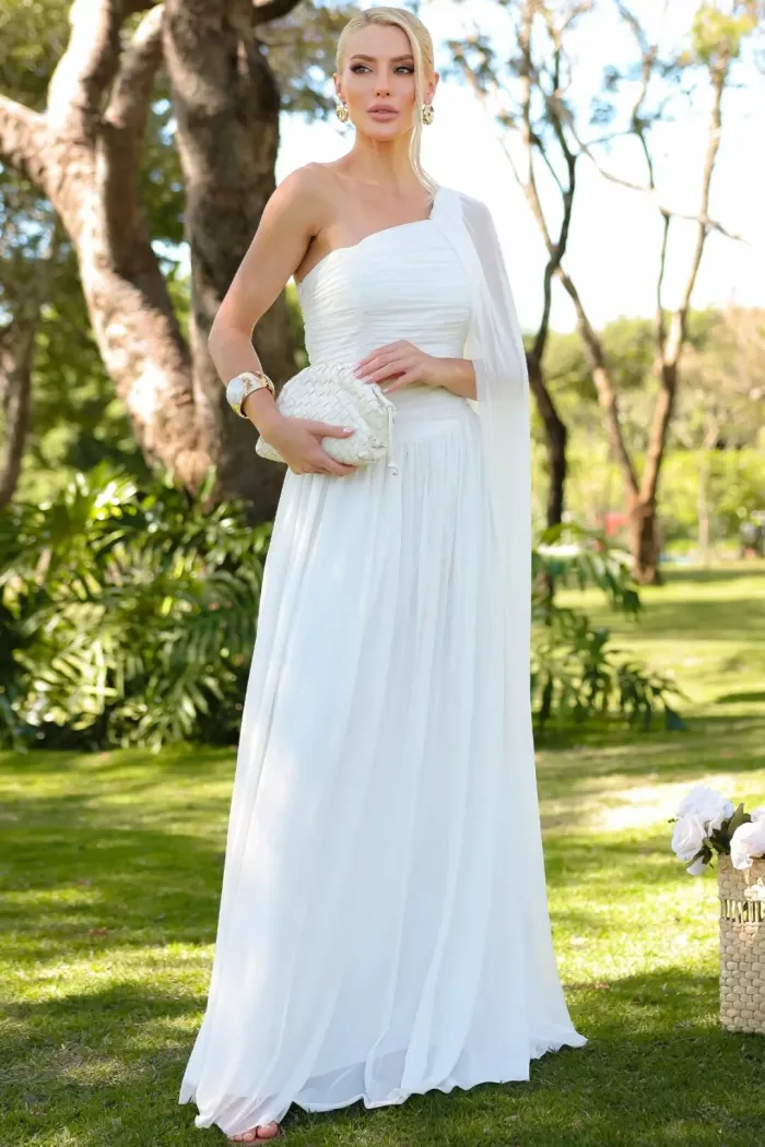 VESTIDO LONGO RUBI UM OMBRO CAPA DRAPEADO - OFF WHITE