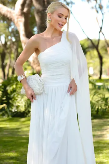 VESTIDO LONGO RUBI UM OMBRO CAPA DRAPEADO - OFF WHITE