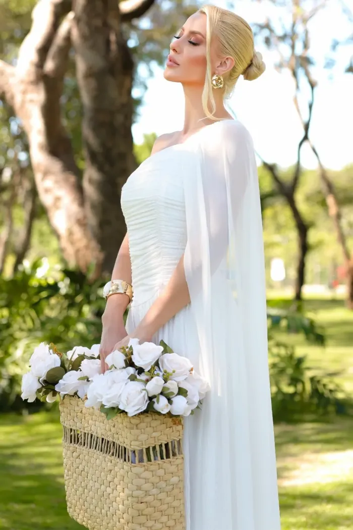VESTIDO LONGO RUBI UM OMBRO CAPA DRAPEADO - OFF WHITE