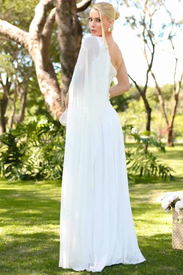 VESTIDO LONGO RUBI UM OMBRO CAPA DRAPEADO - OFF WHITE