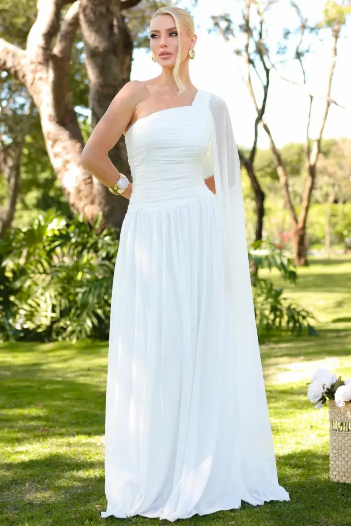VESTIDO LONGO RUBI UM OMBRO CAPA DRAPEADO - OFF WHITE