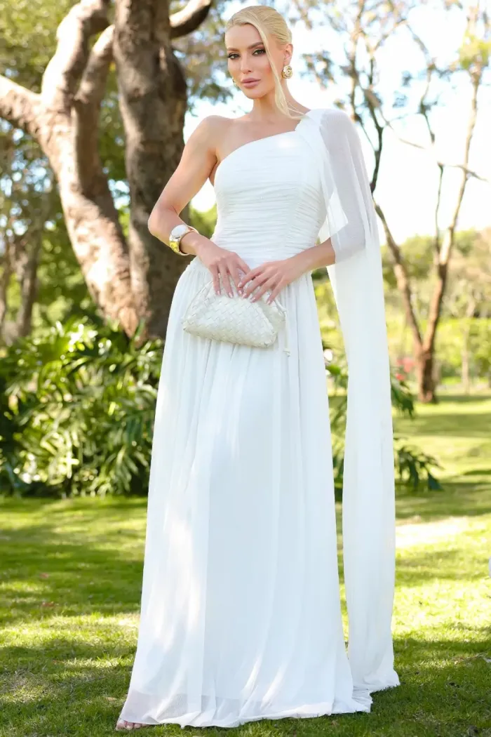 VESTIDO LONGO RUBI UM OMBRO CAPA DRAPEADO - OFF WHITE