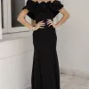VESTIDO VIOLETA LONGO BABADOS OMBRO A OMBRO - PRETO