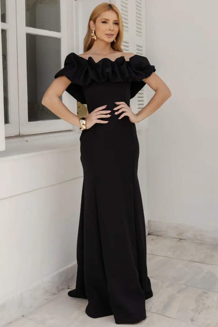 VESTIDO VIOLETA LONGO BABADOS OMBRO A OMBRO - PRETO