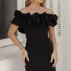 VESTIDO VIOLETA LONGO BABADOS OMBRO A OMBRO - PRETO