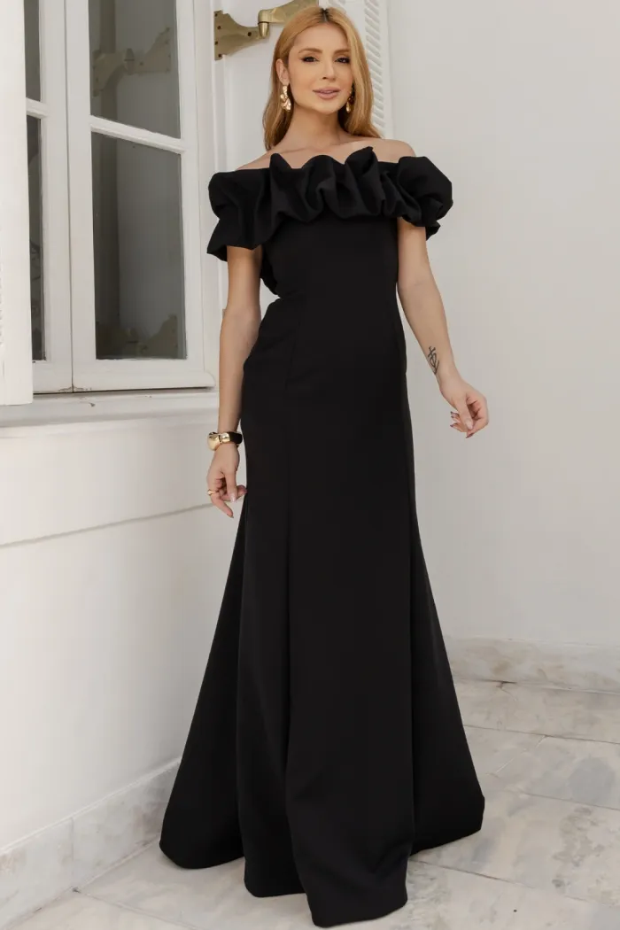 VESTIDO VIOLETA LONGO BABADOS OMBRO A OMBRO - PRETO