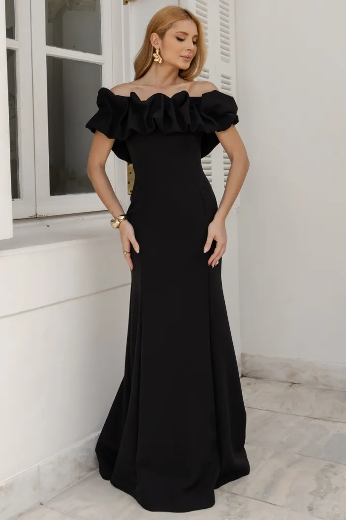 VESTIDO VIOLETA LONGO BABADOS OMBRO A OMBRO - PRETO