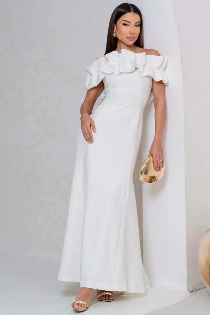 VESTIDO VIOLETA LONGO BABADOS OMBRO A OMBRO - OFF WHITE