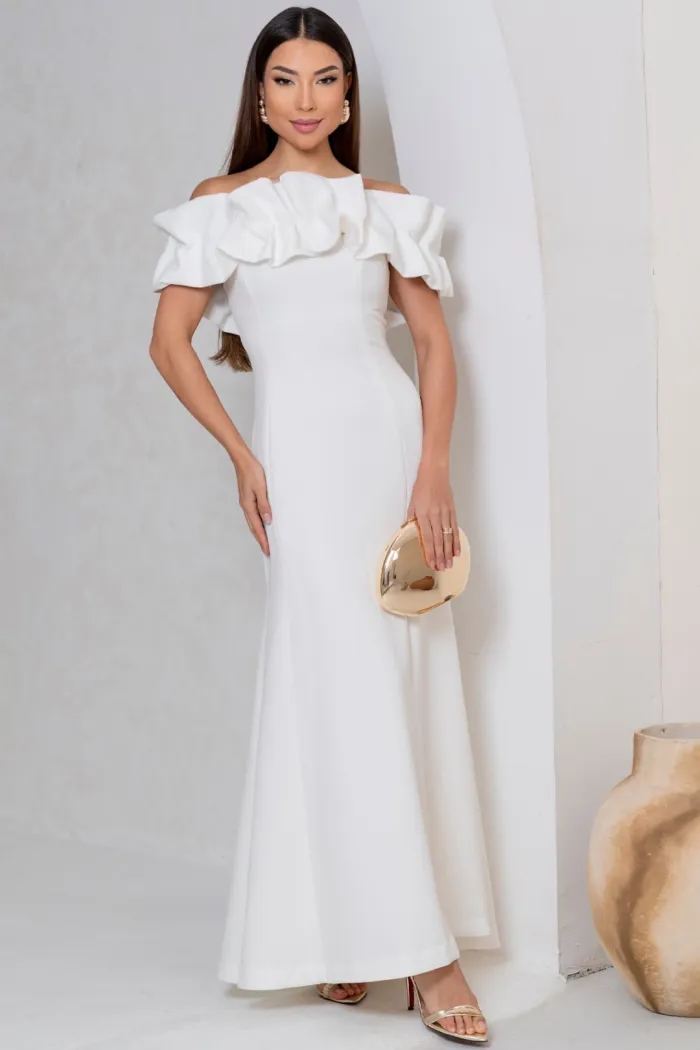 VESTIDO VIOLETA LONGO BABADOS OMBRO A OMBRO - OFF WHITE