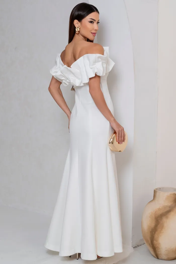 VESTIDO VIOLETA LONGO BABADOS OMBRO A OMBRO - OFF WHITE