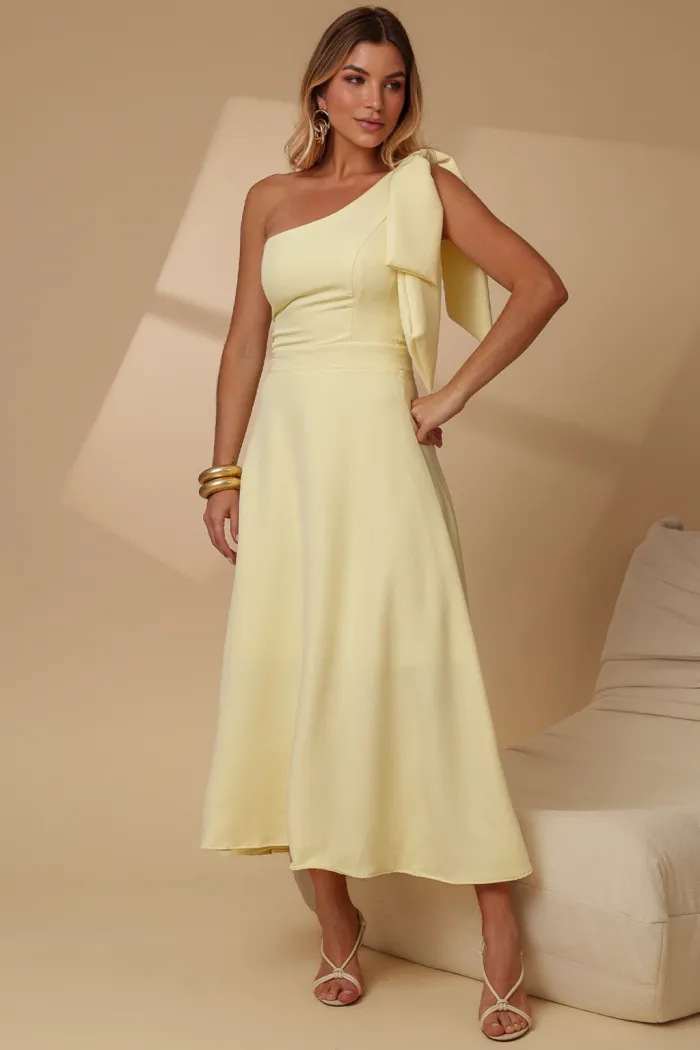 VESTIDO GLÁUCIA UM OMBRO COM LAÇO - AMARELO