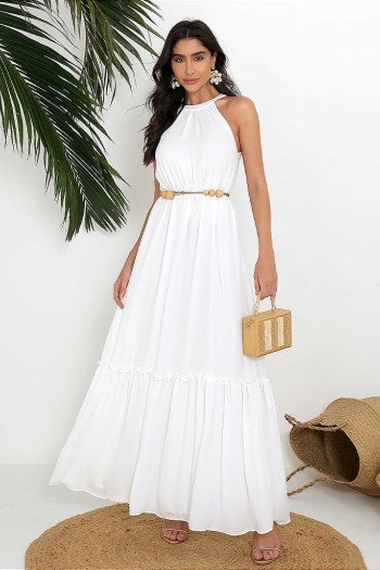 VESTIDO MISS MISSES LONGO CHIFFON GOLA ALTA - OFF WHITE