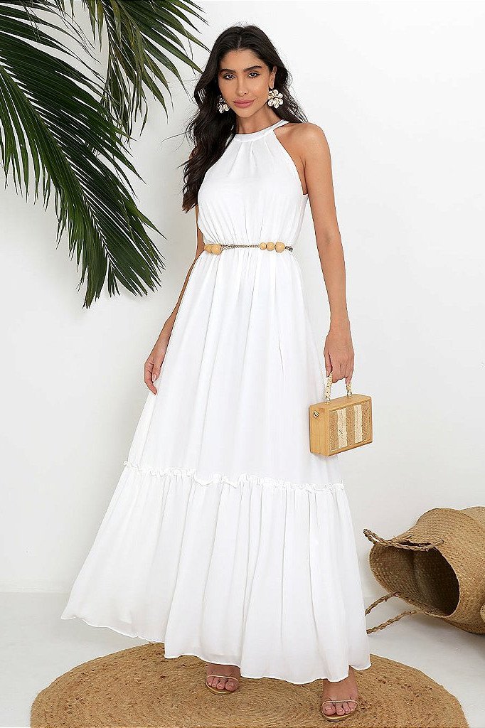 VESTIDO MISS MISSES LONGO CHIFFON GOLA ALTA - OFF WHITE