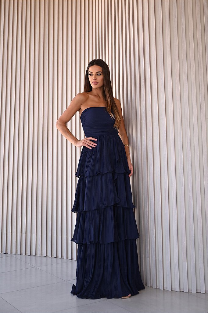 VESTIDO ESPANHA LONGO T.Q.C CAMADAS - AZUL NOITE
