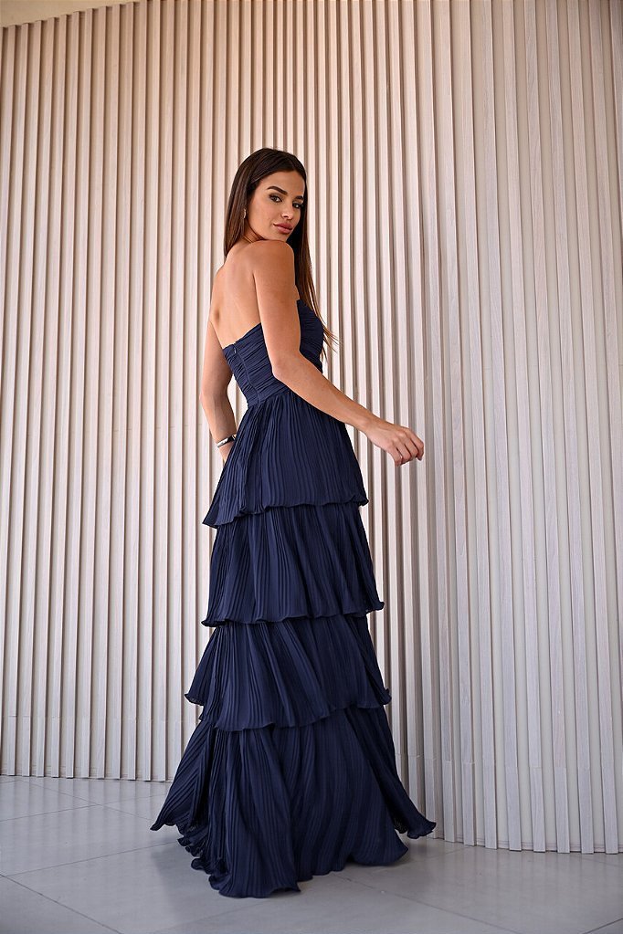 VESTIDO ESPANHA LONGO T.Q.C CAMADAS - AZUL NOITE