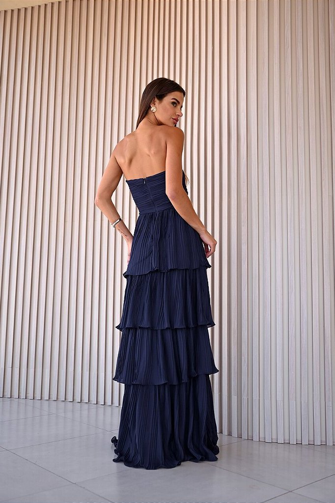 VESTIDO ESPANHA LONGO T.Q.C CAMADAS - AZUL NOITE