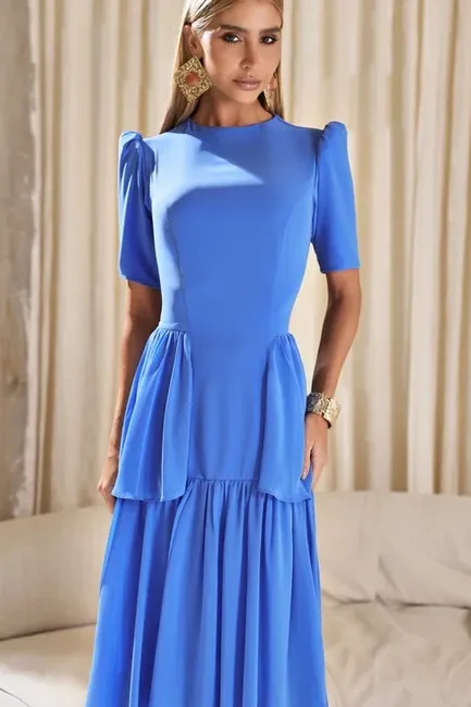 VESTIDO CHARLOTE LONGO CAMADAS - AZUL OCEAN