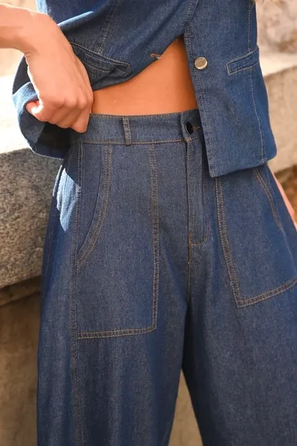 CONJUNTO THALITA COLETE E CALÇA BAREL JEANS - LAVAGEM ESCURO