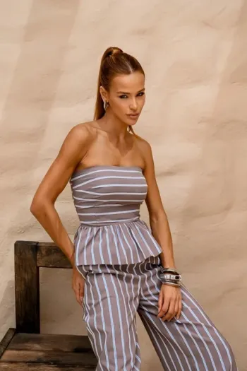 CONJUNTO CANCUN BLUSA PEPLUM LISTRADO - AZUL CLARO