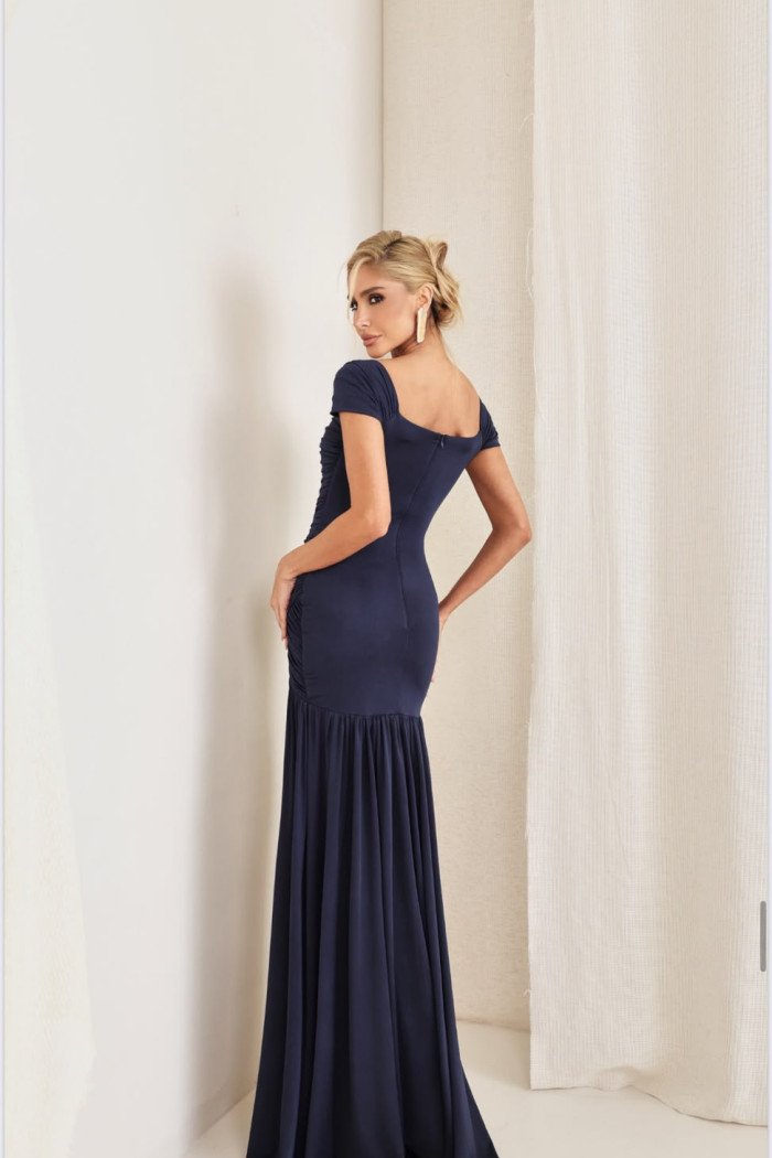 VESTIDO ELEONORA LONGO FRANZIDO - AZUL MARINHO