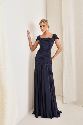 VESTIDO ELEONORA LONGO FRANZIDO - AZUL MARINHO