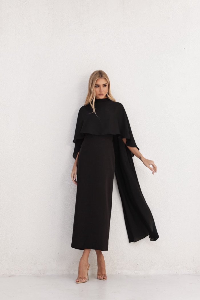 VESTIDO TAMIRES T.Q.C ALFAIATARIA COM CAPA CHIFFON NOIVINHAS - PRETO