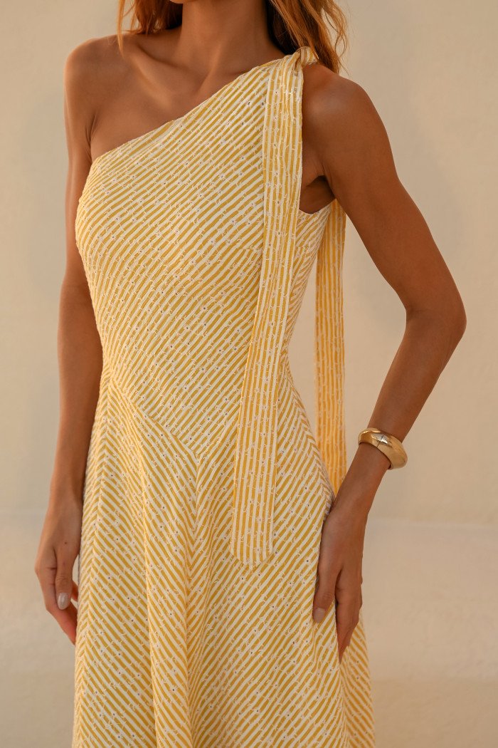 VESTIDO LONGUETE PRISCILA LINEN BORDADO LISTRAS - CAMOMILA