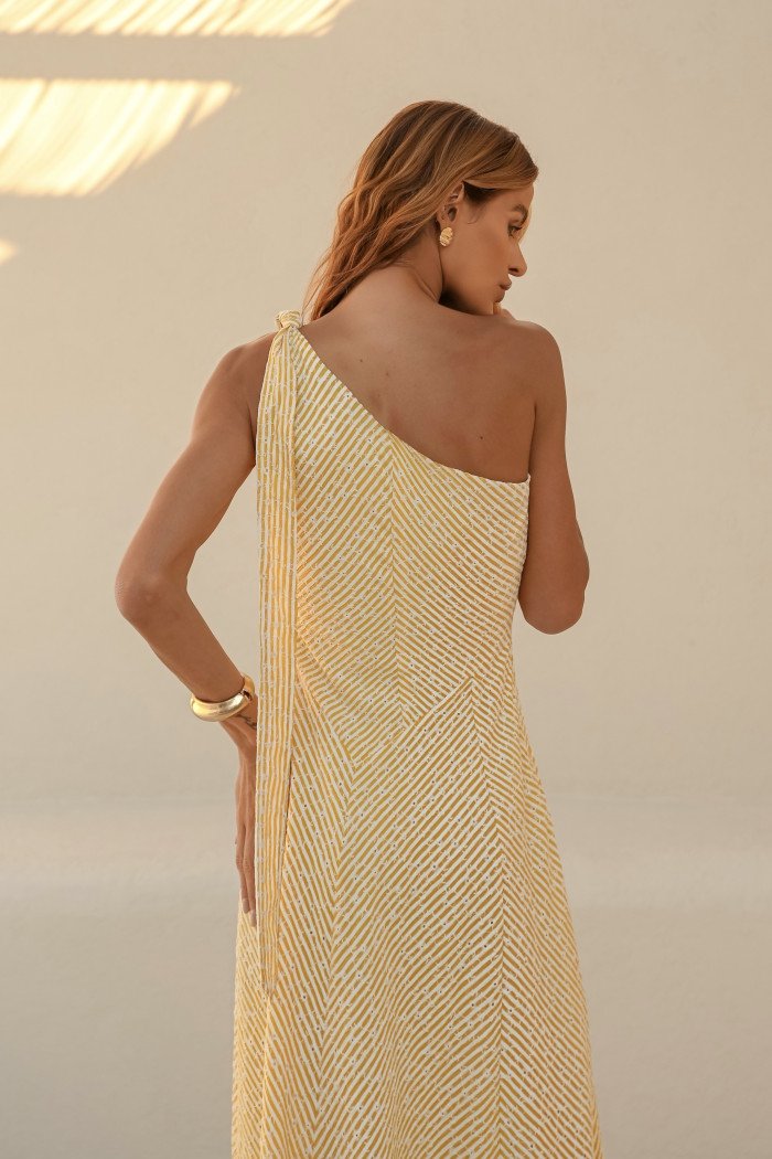 VESTIDO LONGUETE PRISCILA LINEN BORDADO LISTRAS - CAMOMILA