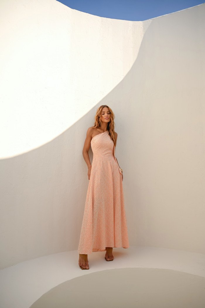 VESTIDO LONGUETE PRISCILA LINEN BORDADO LISTRAS - SALMÃO