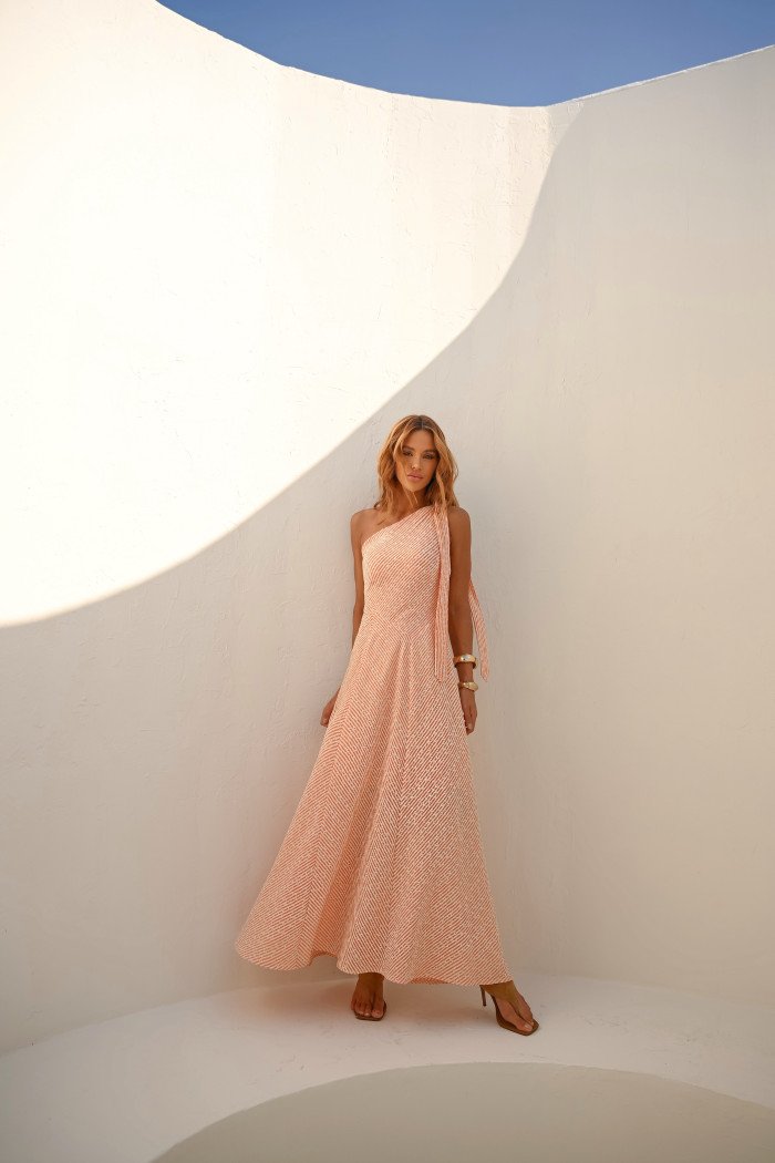 VESTIDO LONGUETE PRISCILA LINEN BORDADO LISTRAS - SALMÃO