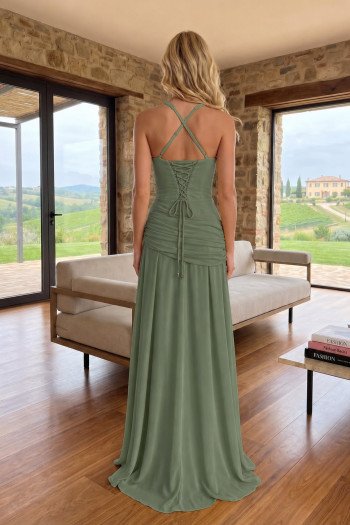 VESTIDO NATALY CHIFFON ASSIMÉTRICO - VERDE OLIVA