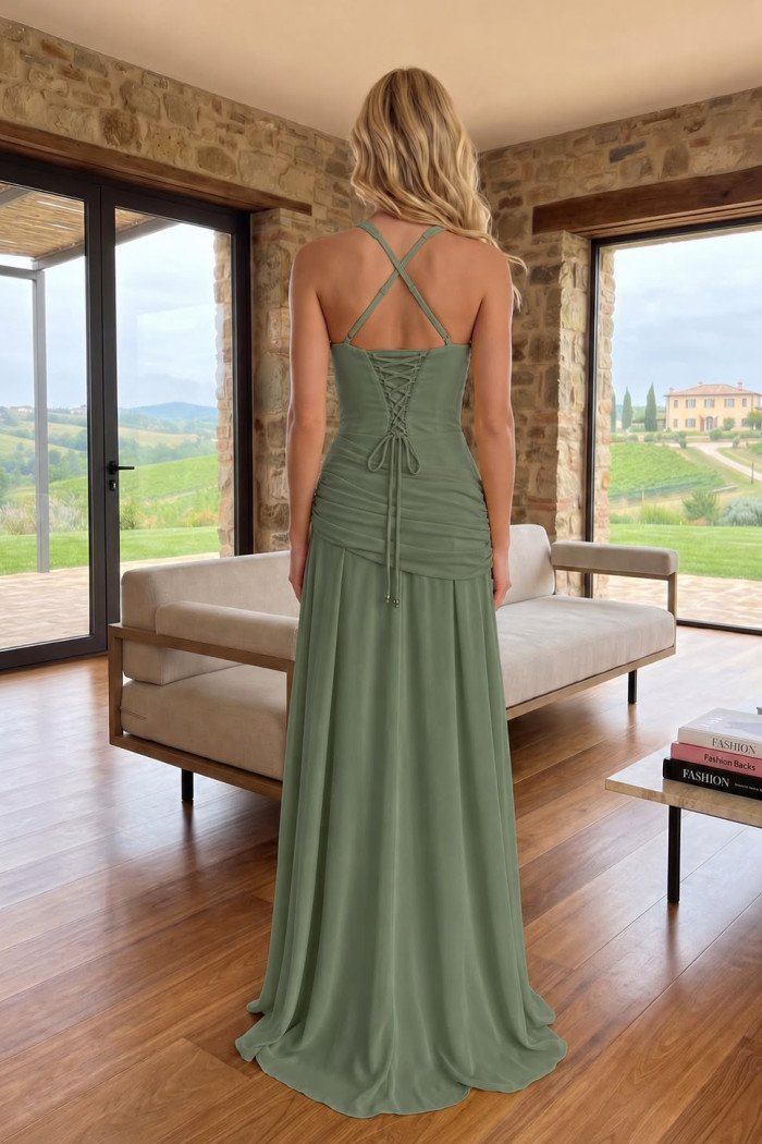 VESTIDO NATALY CHIFFON ASSIMÉTRICO - VERDE OLIVA