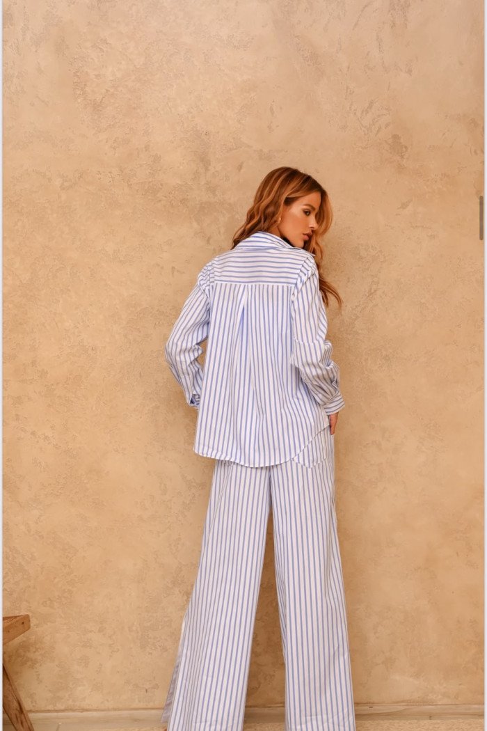 CONJUNTO SUMMER LISTRAS CAMISA E PANTALONA - AZUL