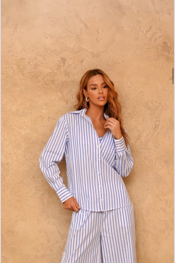 CONJUNTO SUMMER LISTRAS CAMISA E PANTALONA - AZUL