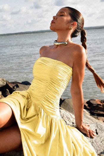 VESTIDO CECILIA BUSTO DRAPEADO JERSEY T.Q.C - AMARELO