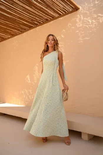 VESTIDO LONGUETE PRISCILA LINEN BORDADO LISTRAS - VERDE PISTACHA